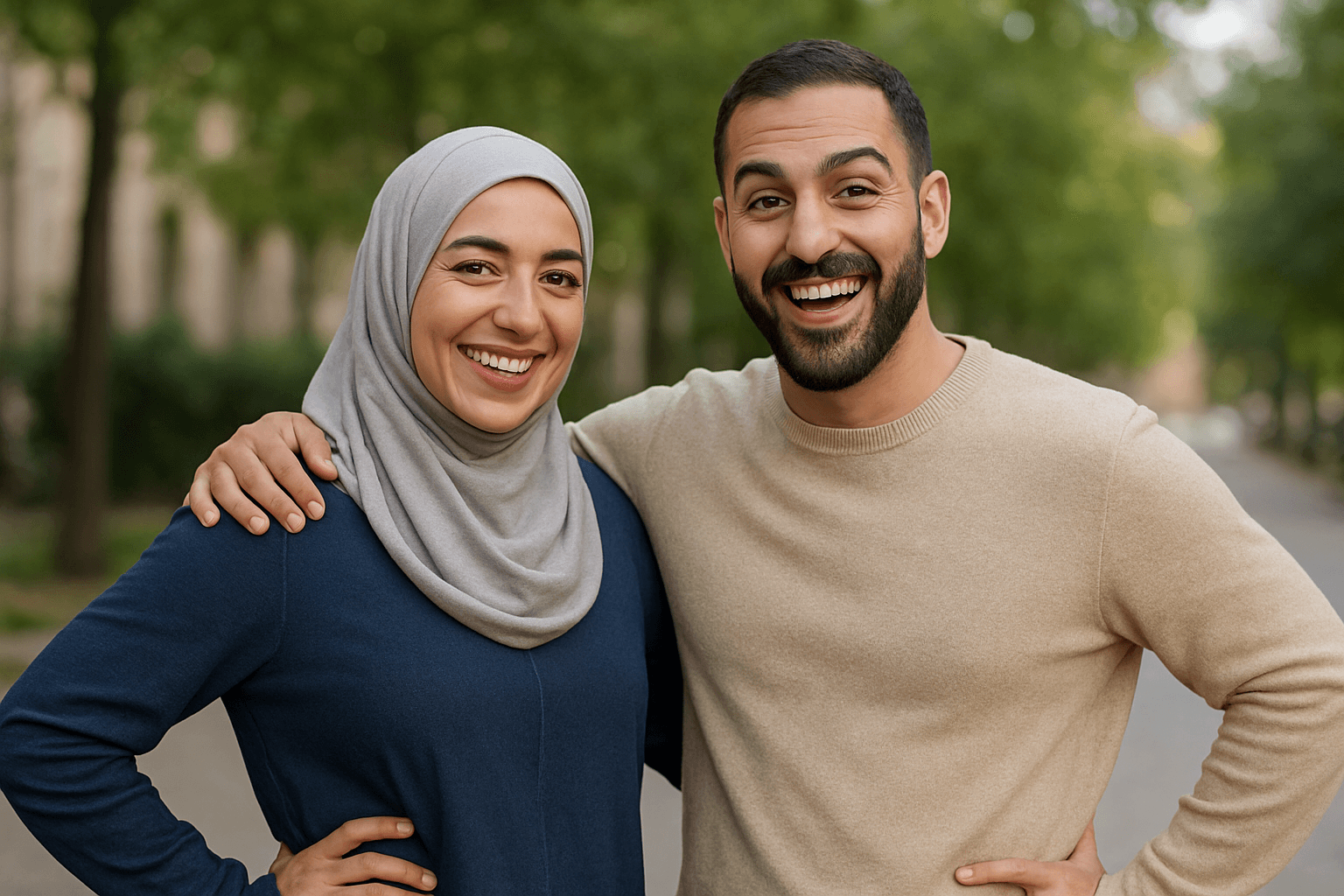 A couple looking at the camera and smiling